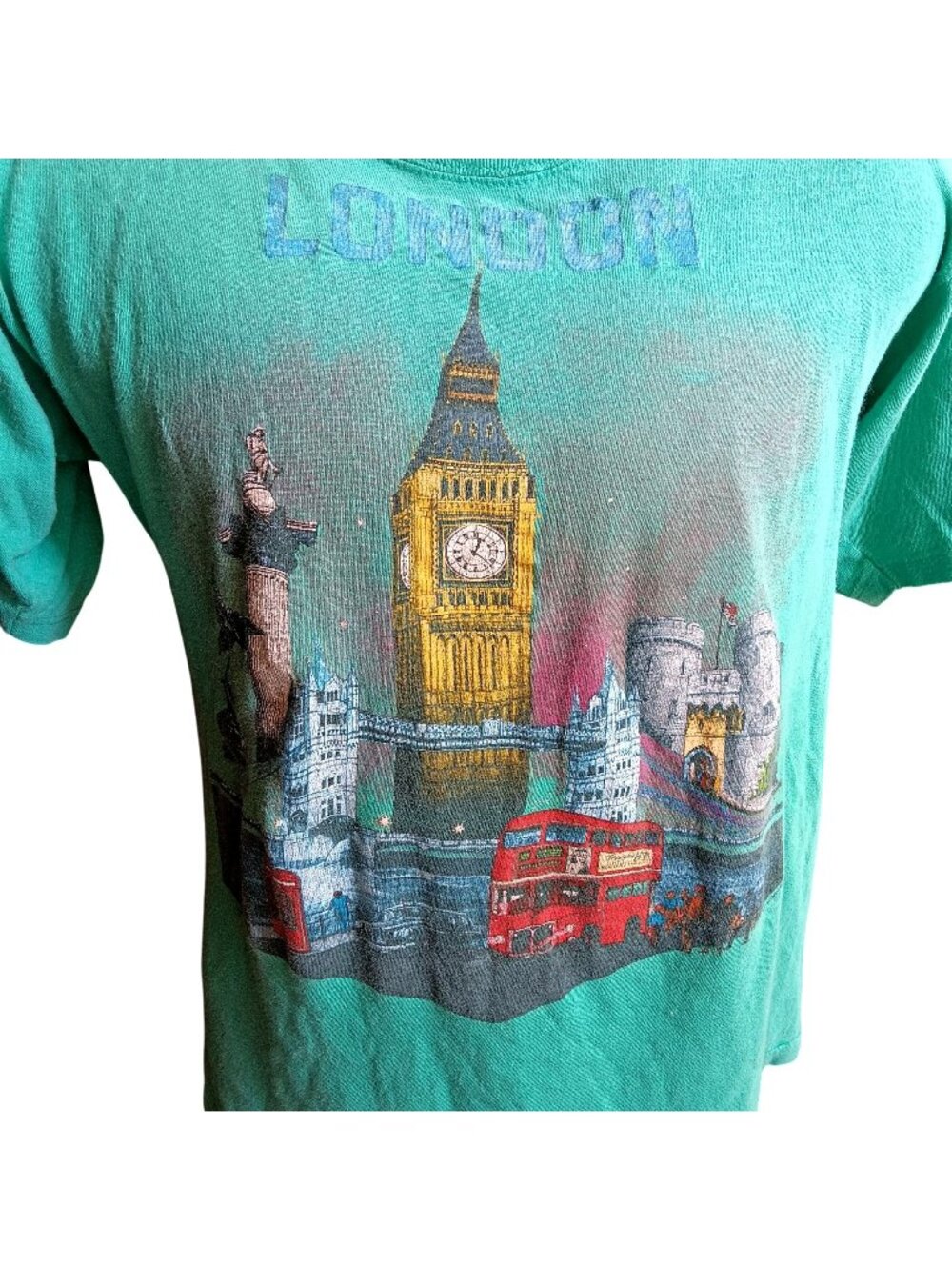 True Vintage T-shirt Large Single Stitch London Big Ben Double-Decker Bus Green